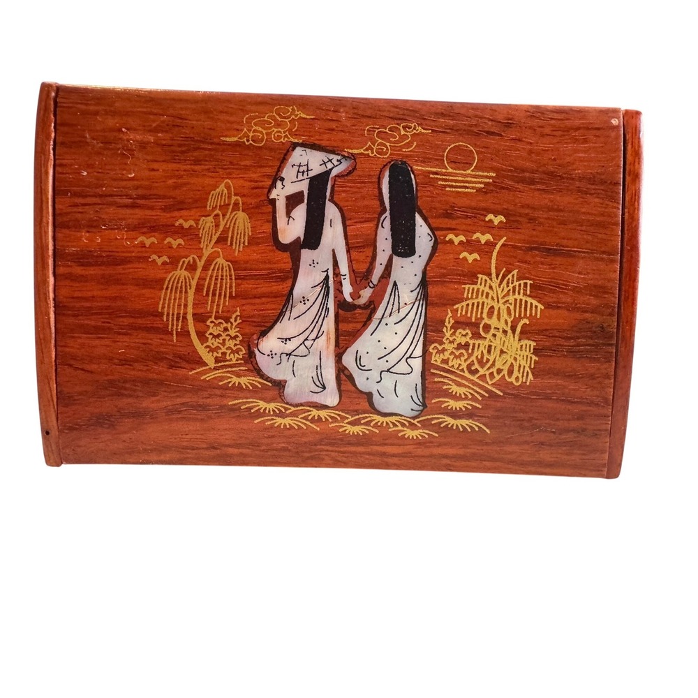 Vintage Asian Scene Business Card Holder Mother of Pearl Inlay